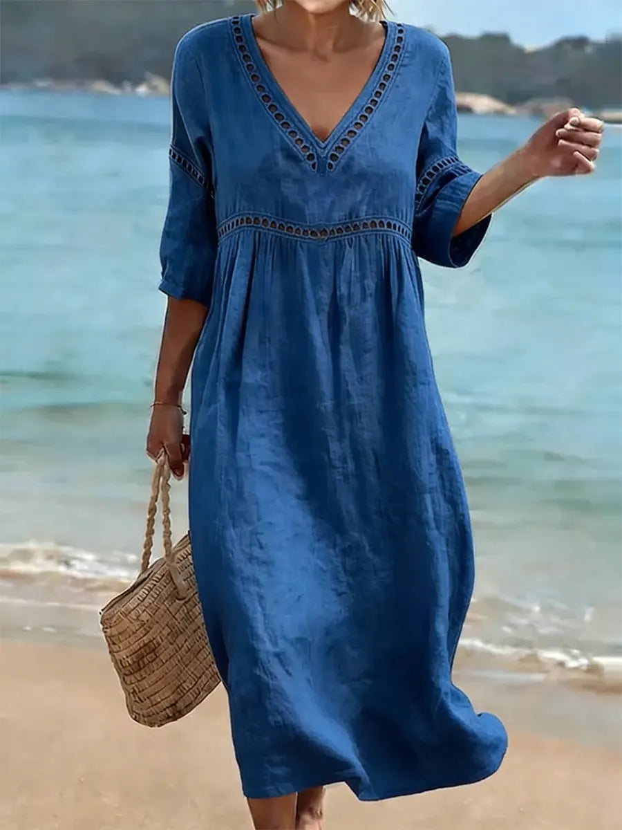 Damen Baumwollkleid V-Ausschnitt Fließend Midi - Image 5