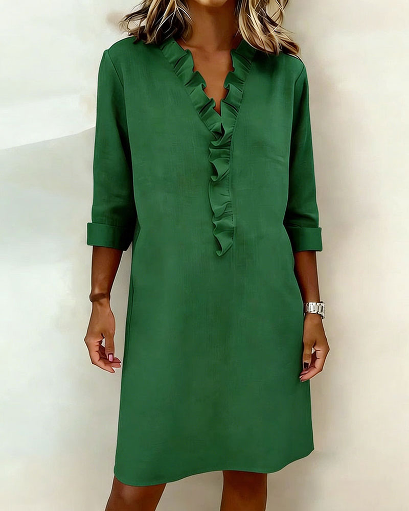 Damen Baumwoll-Leinen Kleid V-Ausschnitt Volants - Image 4