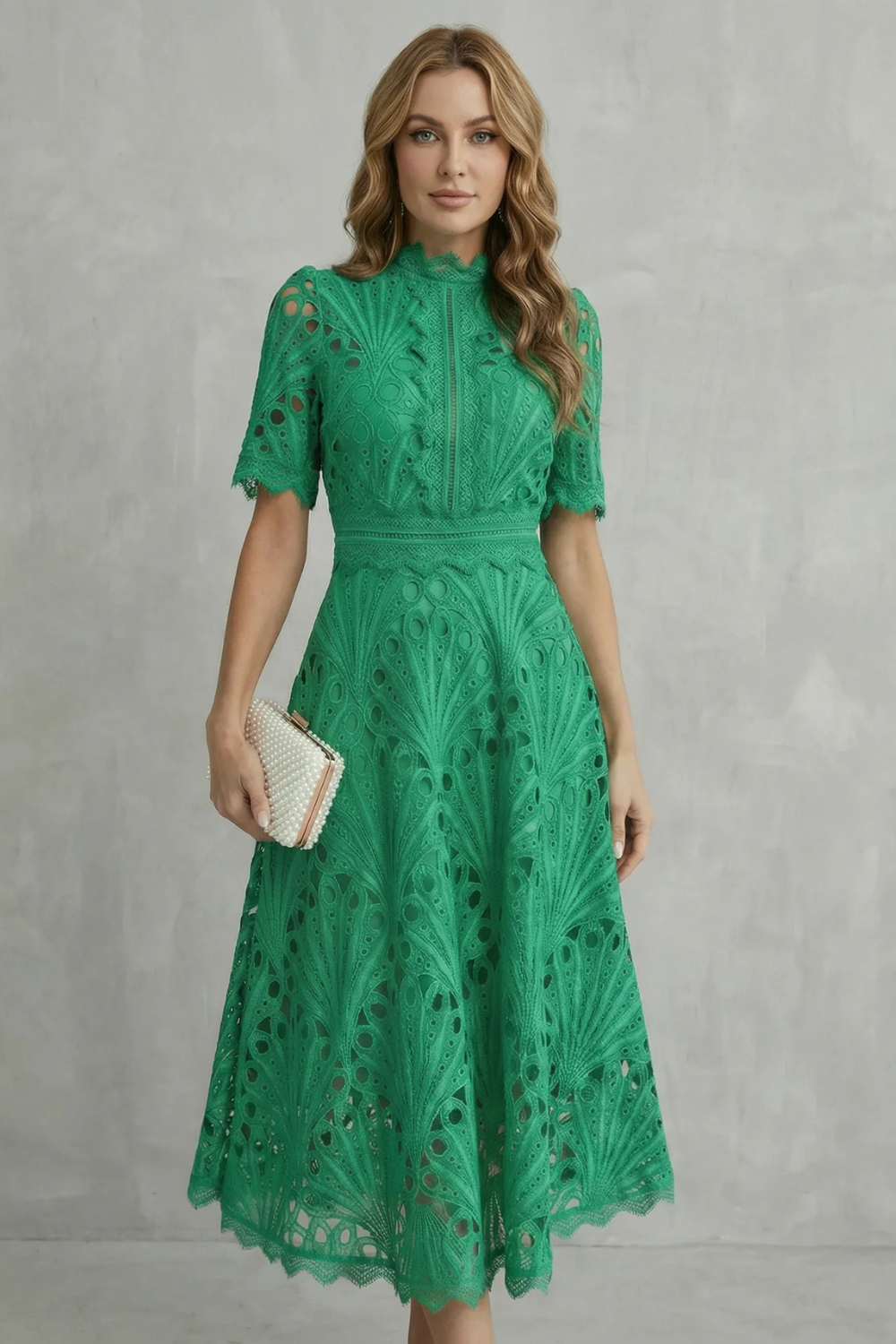 Damen Spitzen Midikleid Hochgeschlossen - Image 11