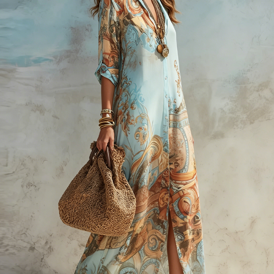 Women Chiffon Printed Maxi Shirtdress Summer - Image 2