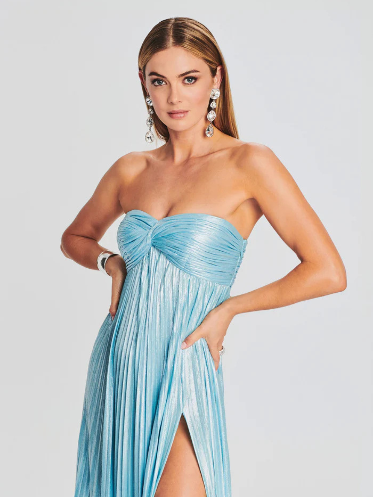 Damen Abendkleid lang Plissee Metallisch Bustier Schlitz - Image 15