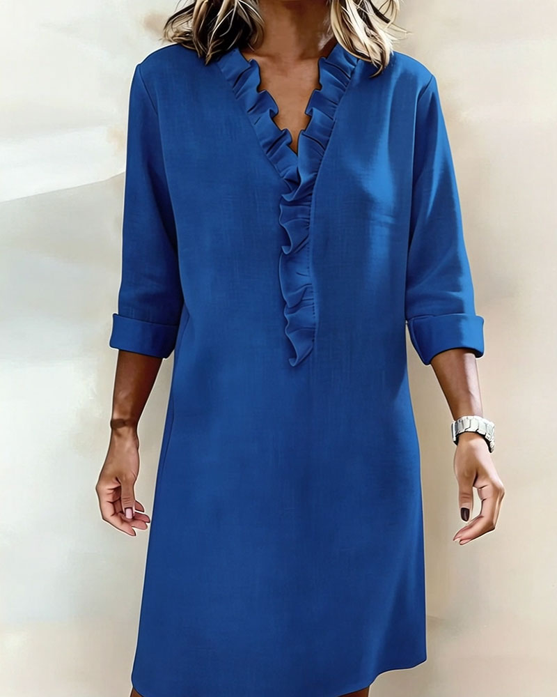 Damen Baumwoll-Leinen Kleid V-Ausschnitt Volants - Image 19