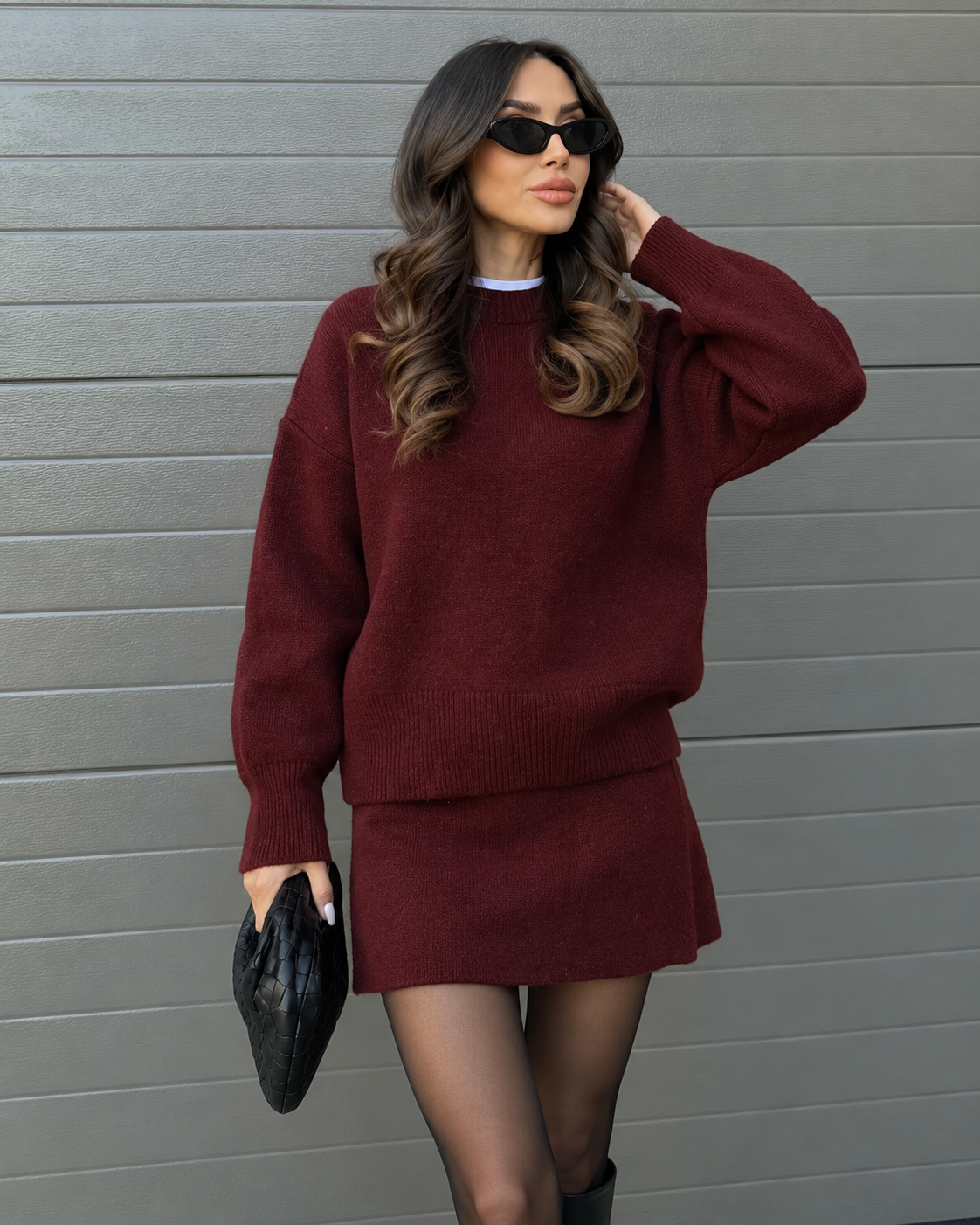 Damen Zweiteiliges Strickset Pullover Rock Set