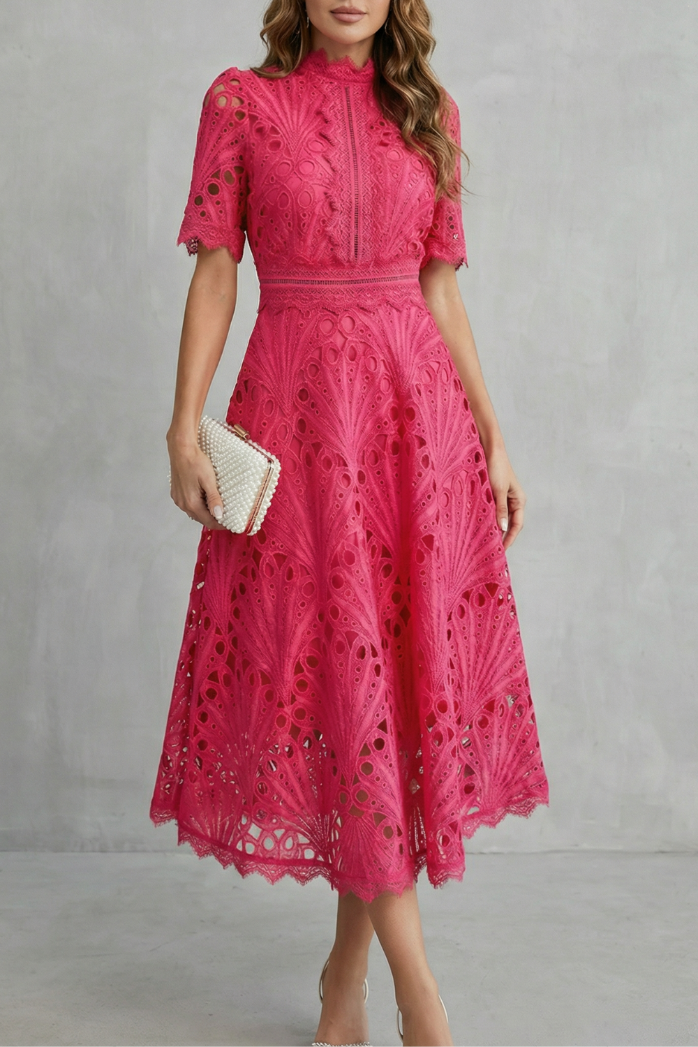 Damen Spitzen Midikleid Hochgeschlossen