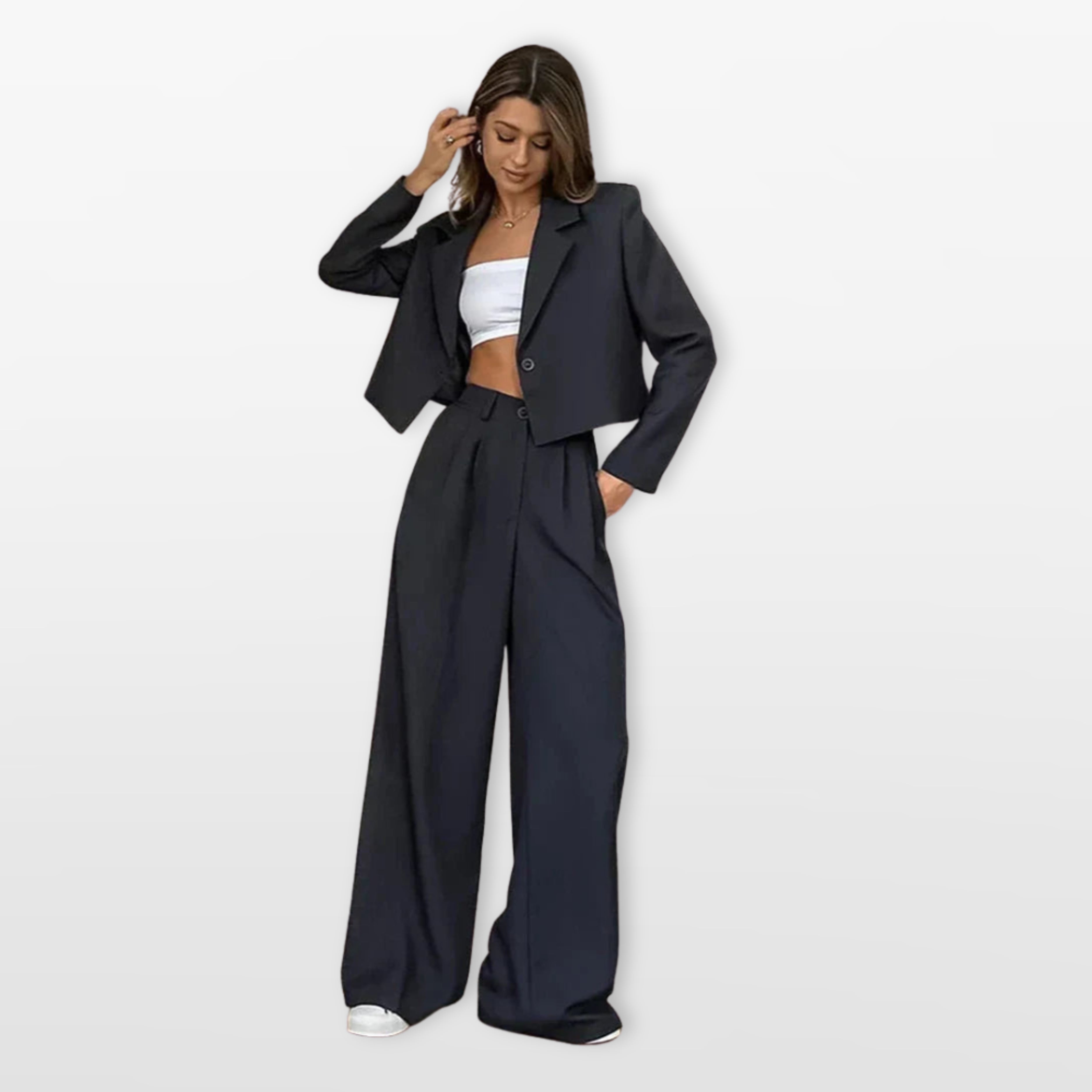 Damen Hosenanzug Weite Hose Kurzer Blazer Zweiteiler