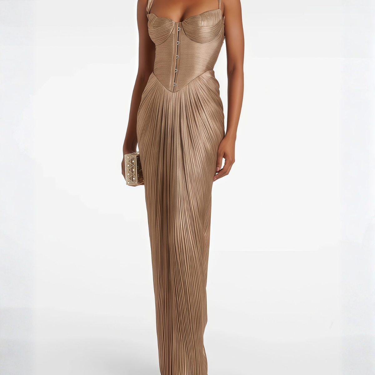 Damen Goldenes Maxikleid Korsett Plissee Drapiert - Image 2