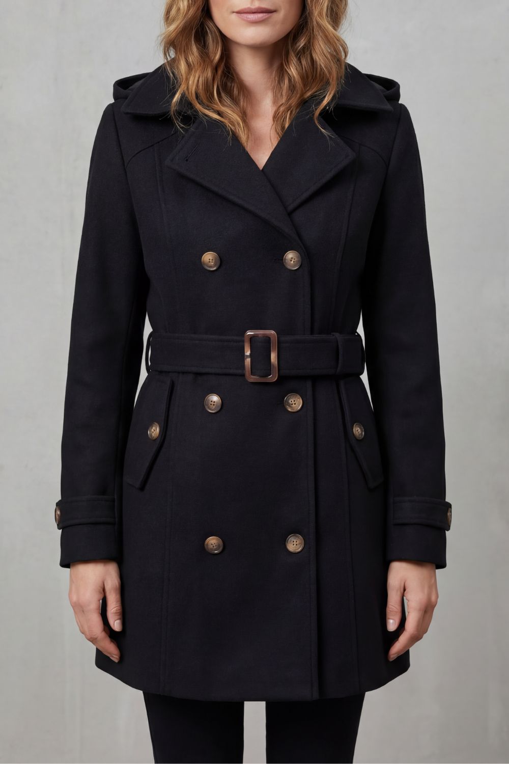 Damen Trenchcoat mit Kapuze tailliert Gürtel doppelreihig