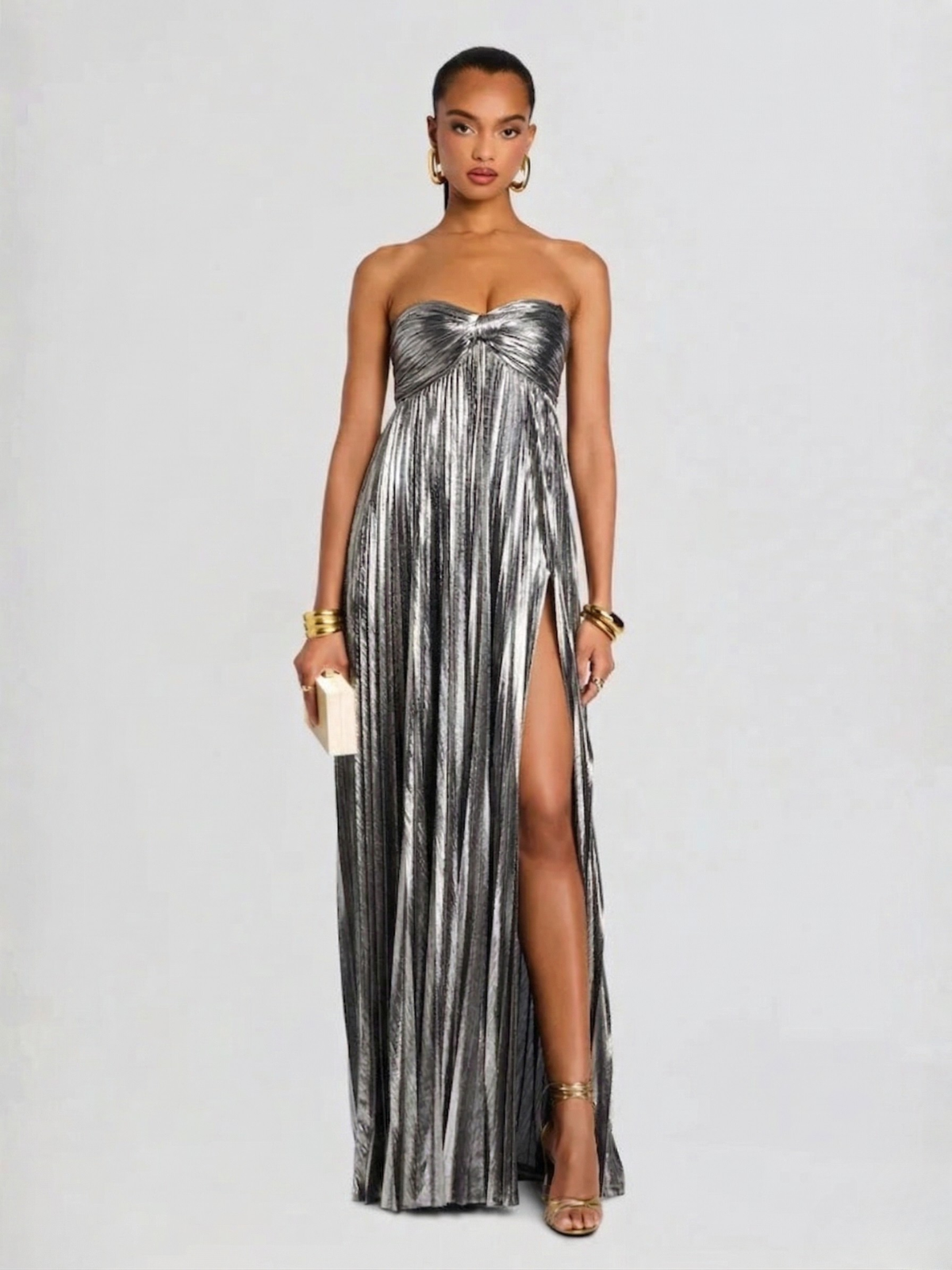Damen Abendkleid lang Plissee Metallisch Bustier Schlitz - Image 12
