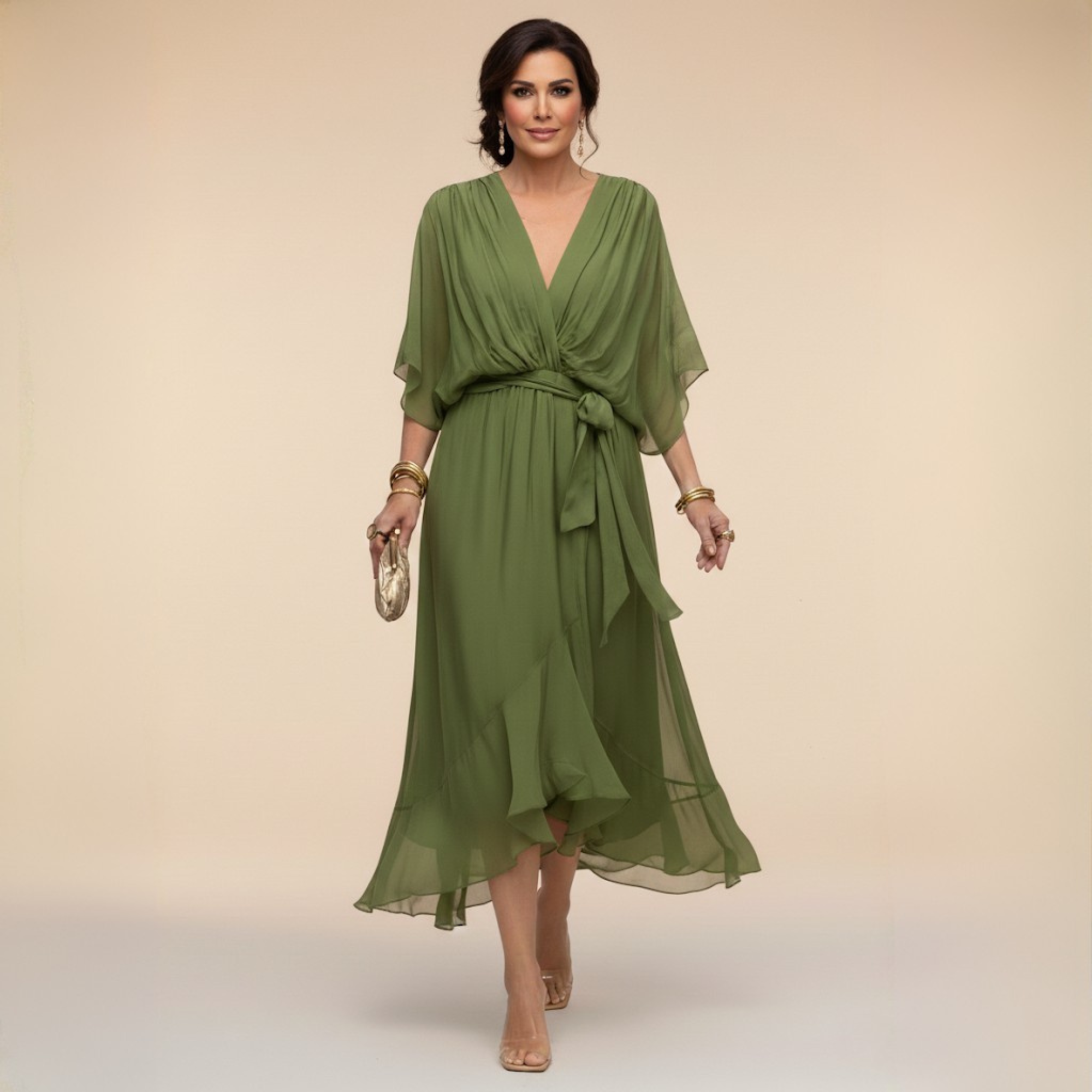 Women Elegant V-Neck Midi Dress