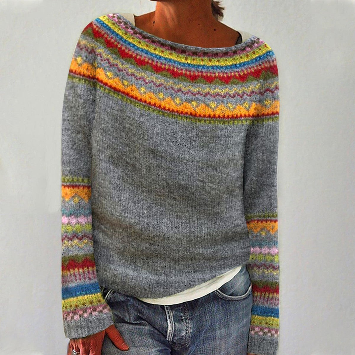 Damen Vintage Strickpullover Norwegermuster Rundhals - Image 3
