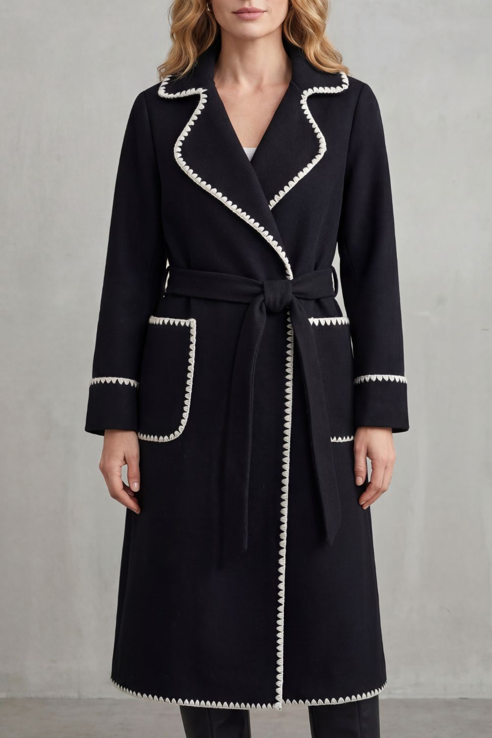 Damen Langmantel Gürtelmantel Longline Kontrastbesatz