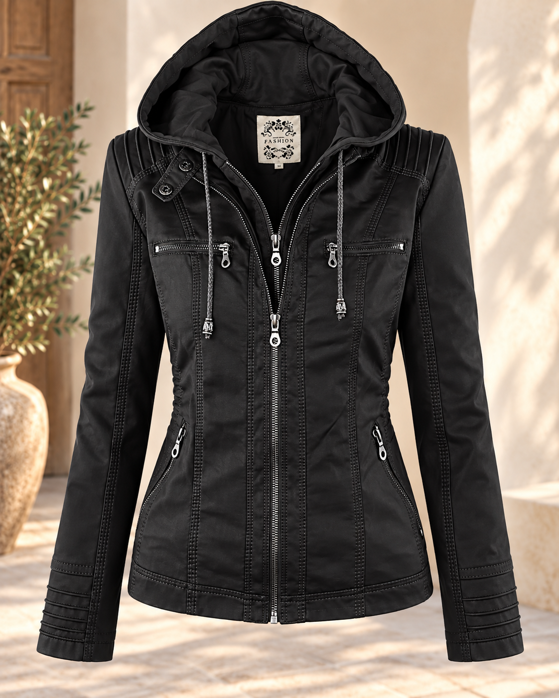 Damen Kunstlederjacke Kapuze Lederoptik - Image 8