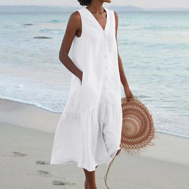 Damen Sommerkleid V-Ausschnitt Midi ärmellos Knopfleiste - Image 3