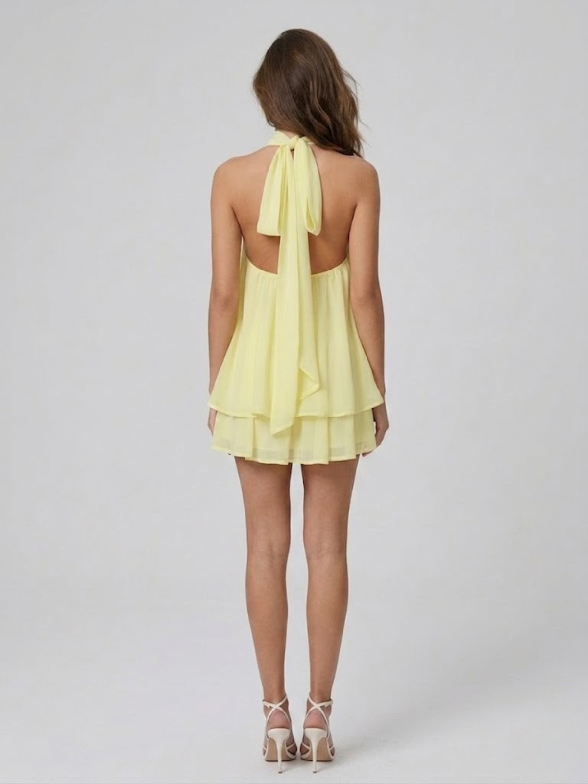 Damen Minikleid Neckholder Rückenfrei Stufenrüschen - Image 9