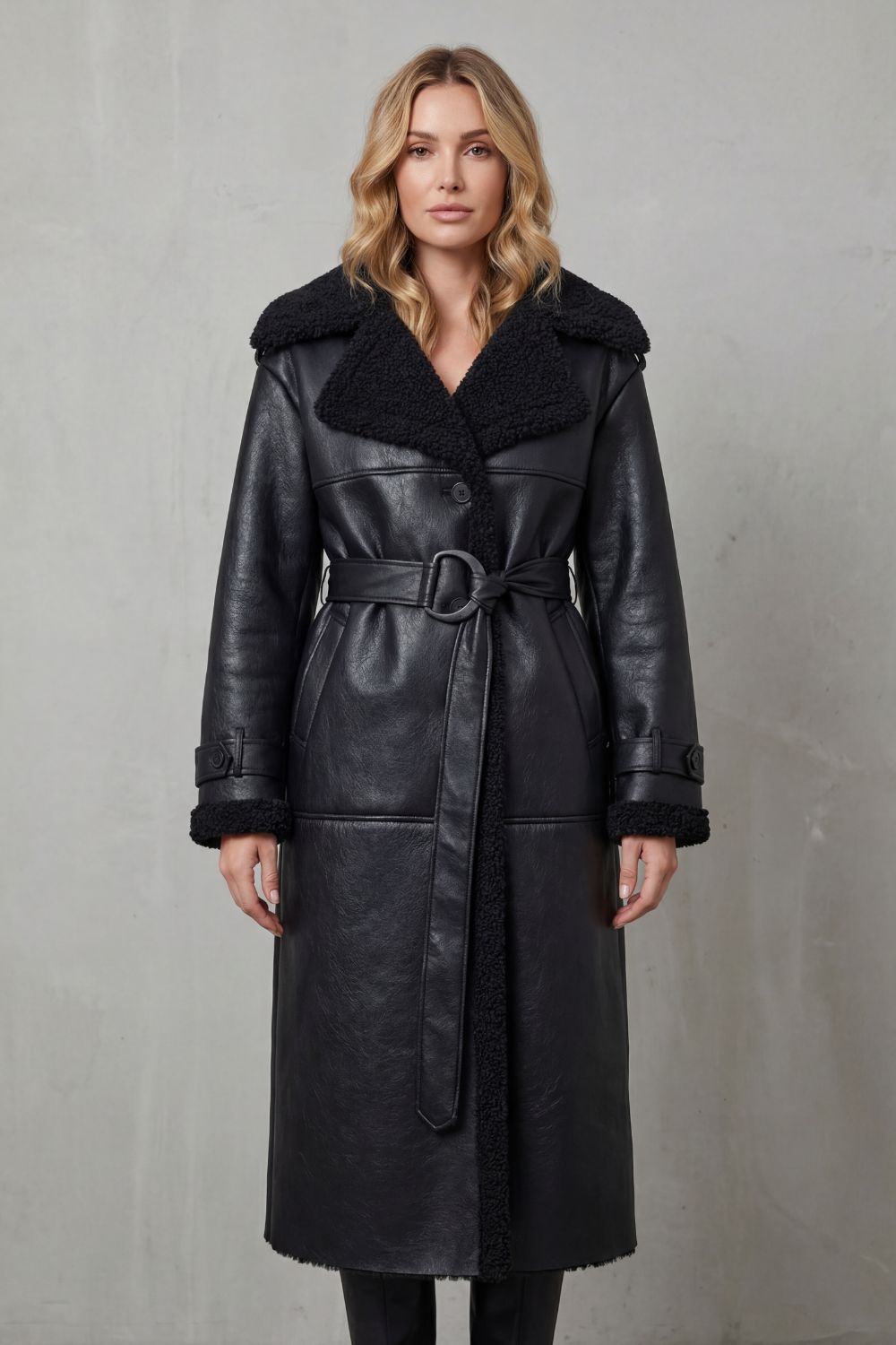 Damen Oversized Lammfellmantel Shearling Gürtel Schwarz - Image 2