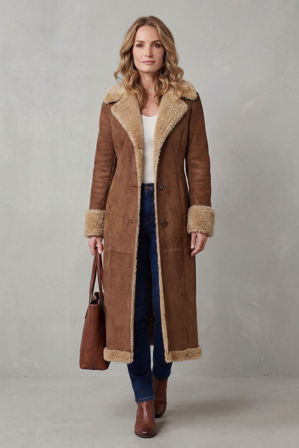 Damen Langer Wintermantel Shearling Wildlederoptik - Image 2