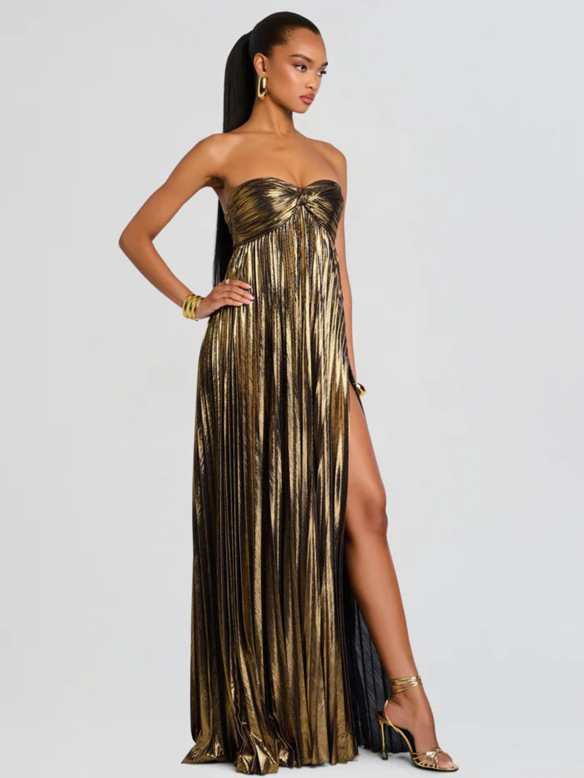 Damen Abendkleid lang Plissee Metallisch Bustier Schlitz - Image 7