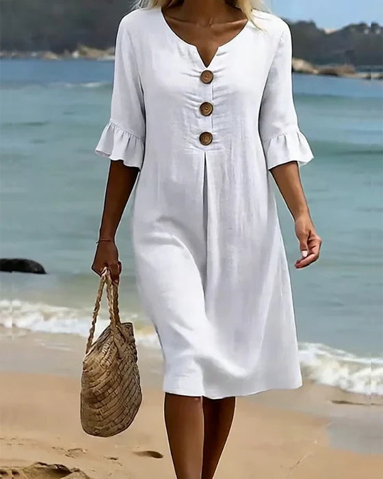 Damen Baumwoll Leinen Kleid Rüschenärmel Knöpfe Midi - Image 2