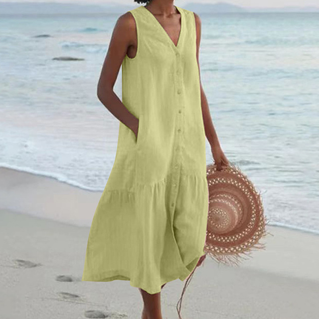 Damen Sommerkleid V-Ausschnitt Midi ärmellos Knopfleiste - Image 6