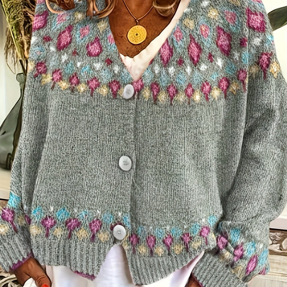 Damen Boho Strickjacke Bestickter Cardigan V-Ausschnitt - Image 14