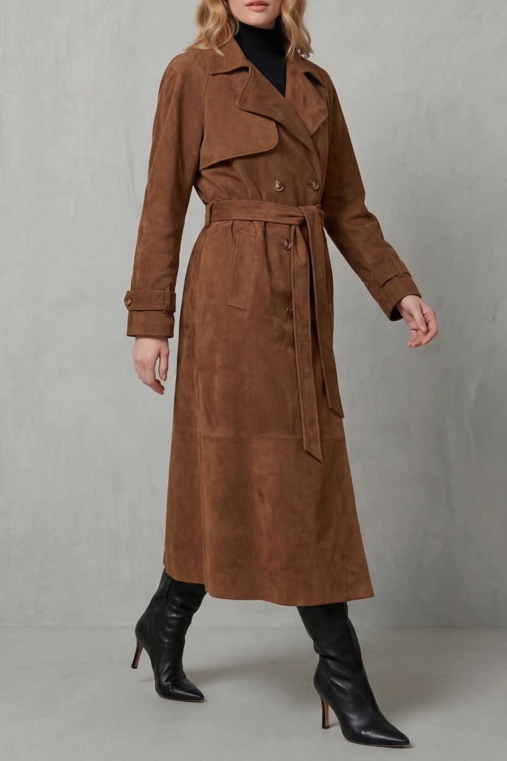 Damen Wildlederoptik Trenchcoat Tailliert Braun - Image 3