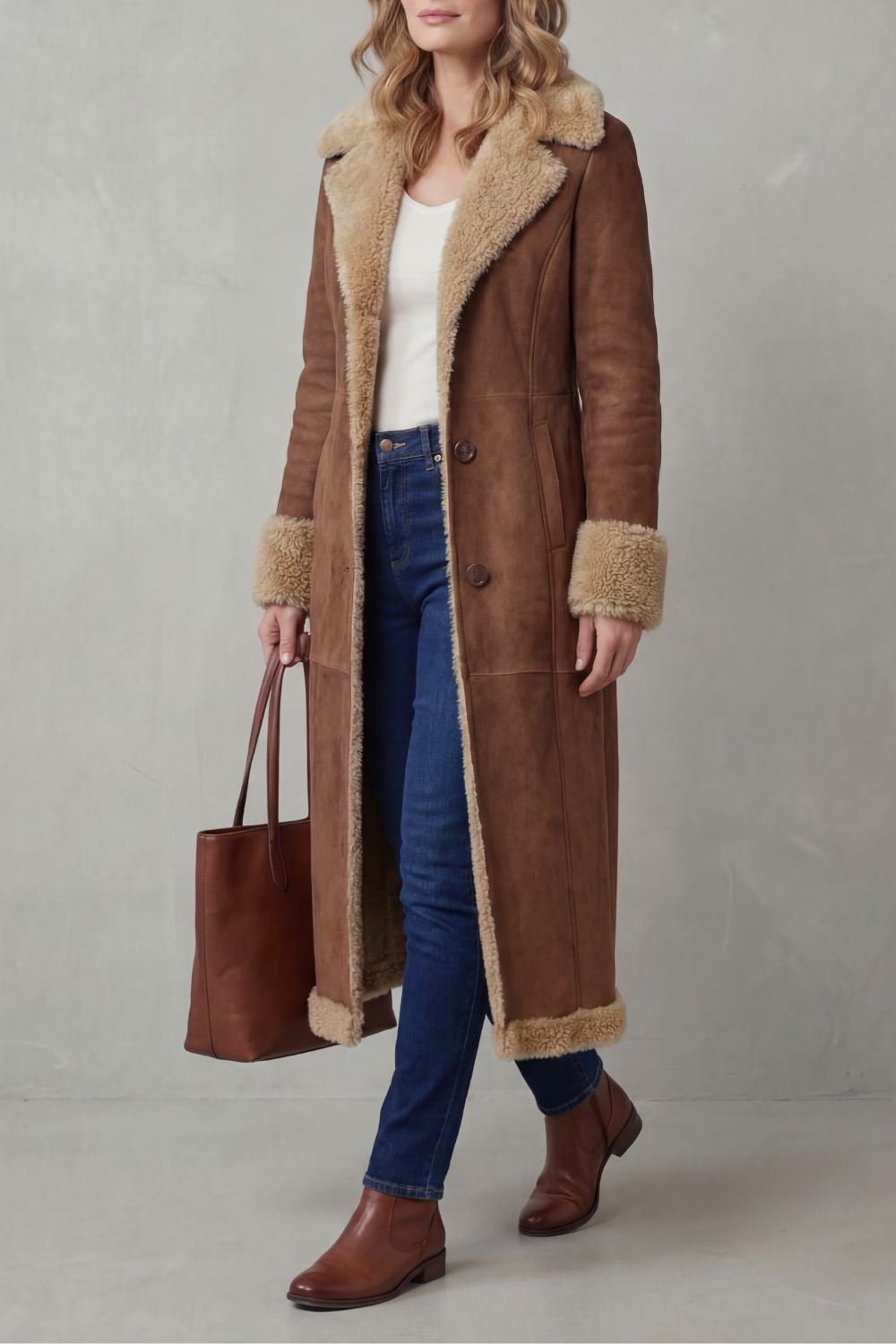 Damen Langer Wintermantel Shearling Wildlederoptik - Image 3