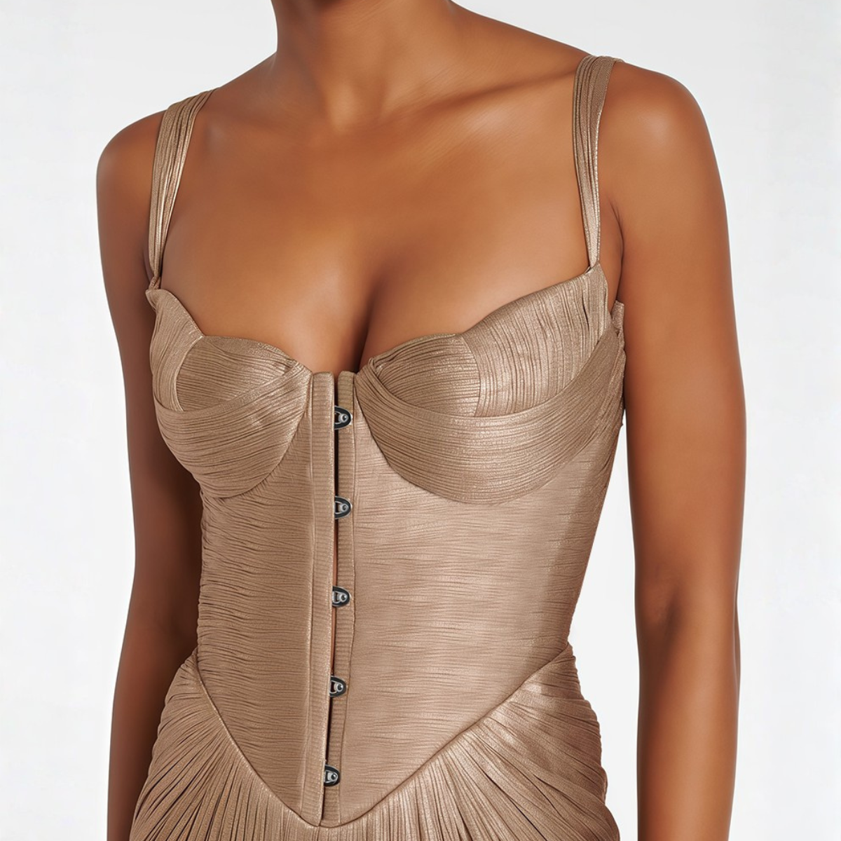 Damen Goldenes Maxikleid Korsett Plissee Drapiert - Image 4