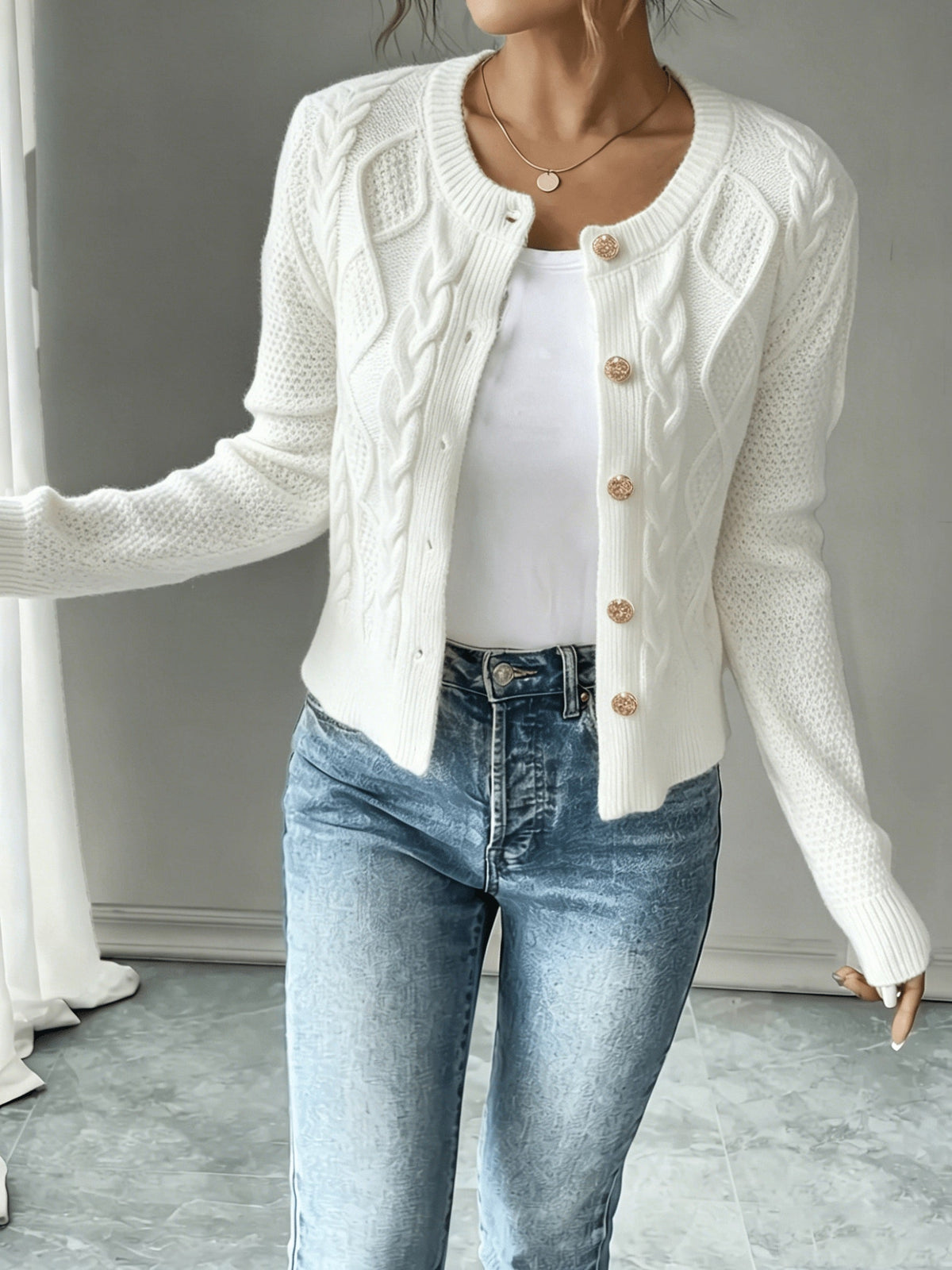 Damen Kabelstrick Strickjacke Knöpfe - Image 31