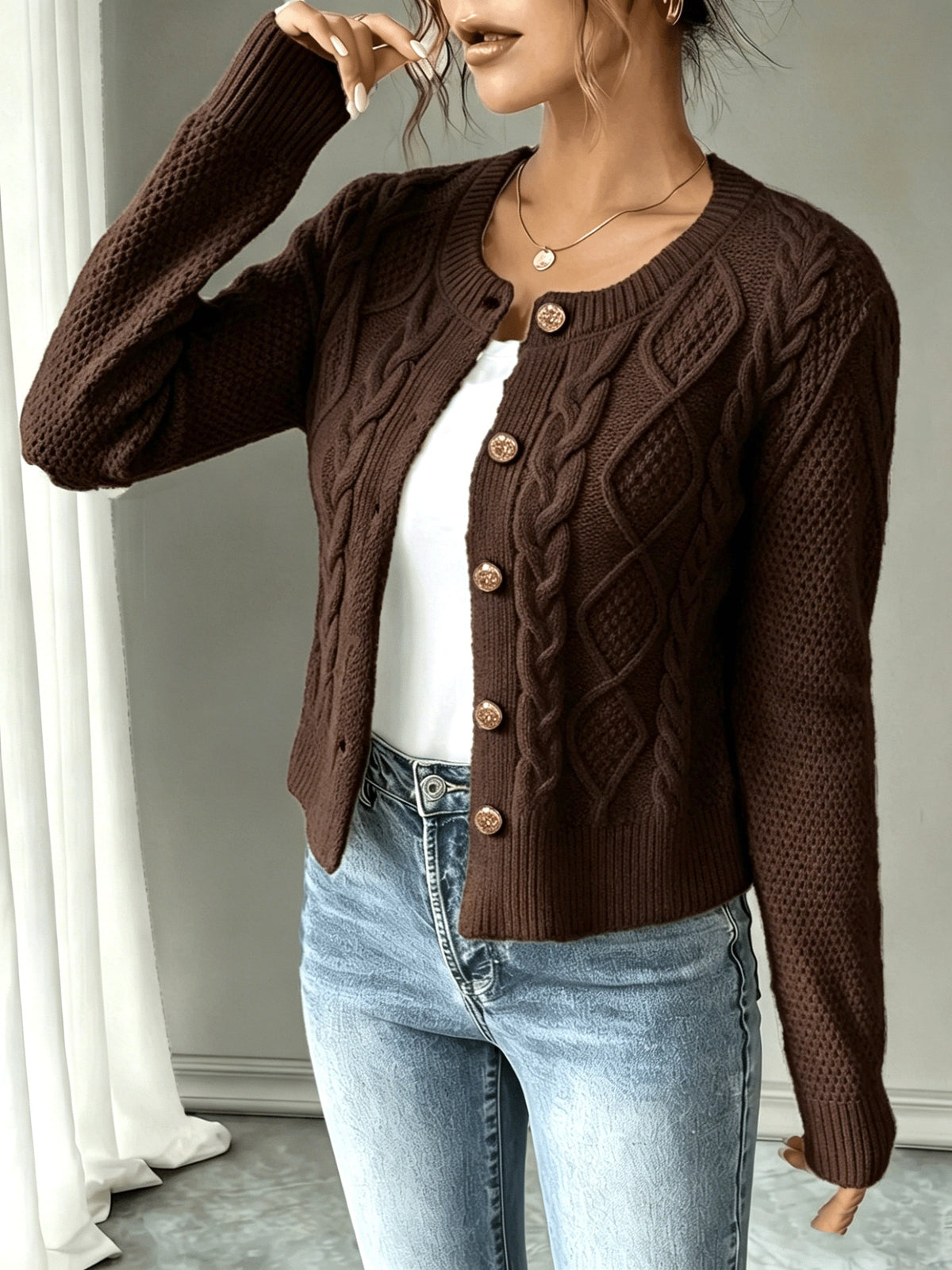 Damen Kabelstrick Strickjacke Knöpfe - Image 20