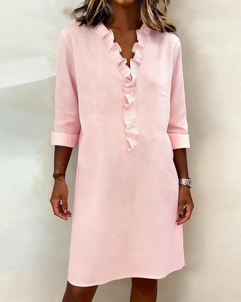 Damen Baumwoll-Leinen Kleid V-Ausschnitt Volants - Image 8