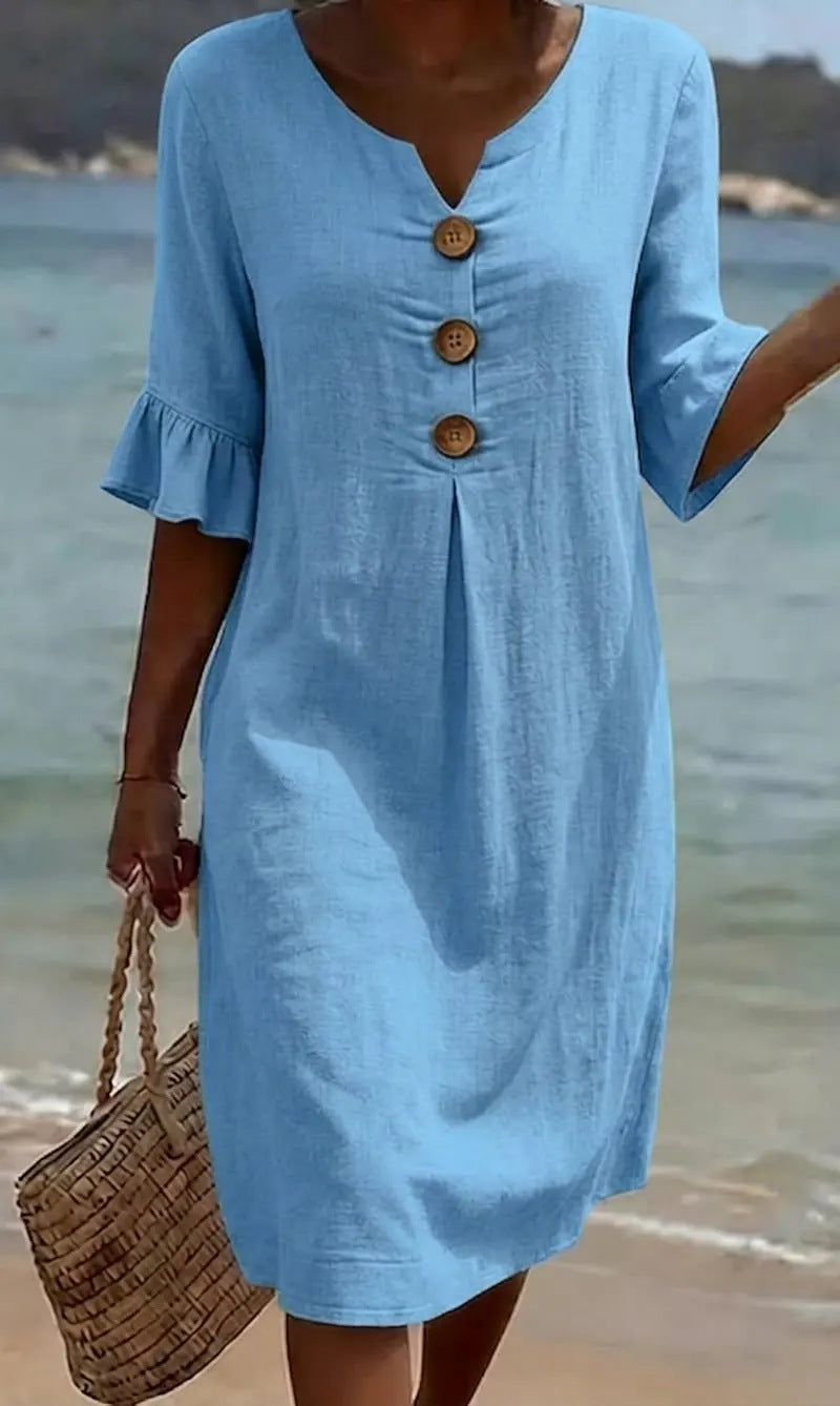 Damen Baumwoll Leinen Kleid Rüschenärmel Knöpfe Midi - Image 6