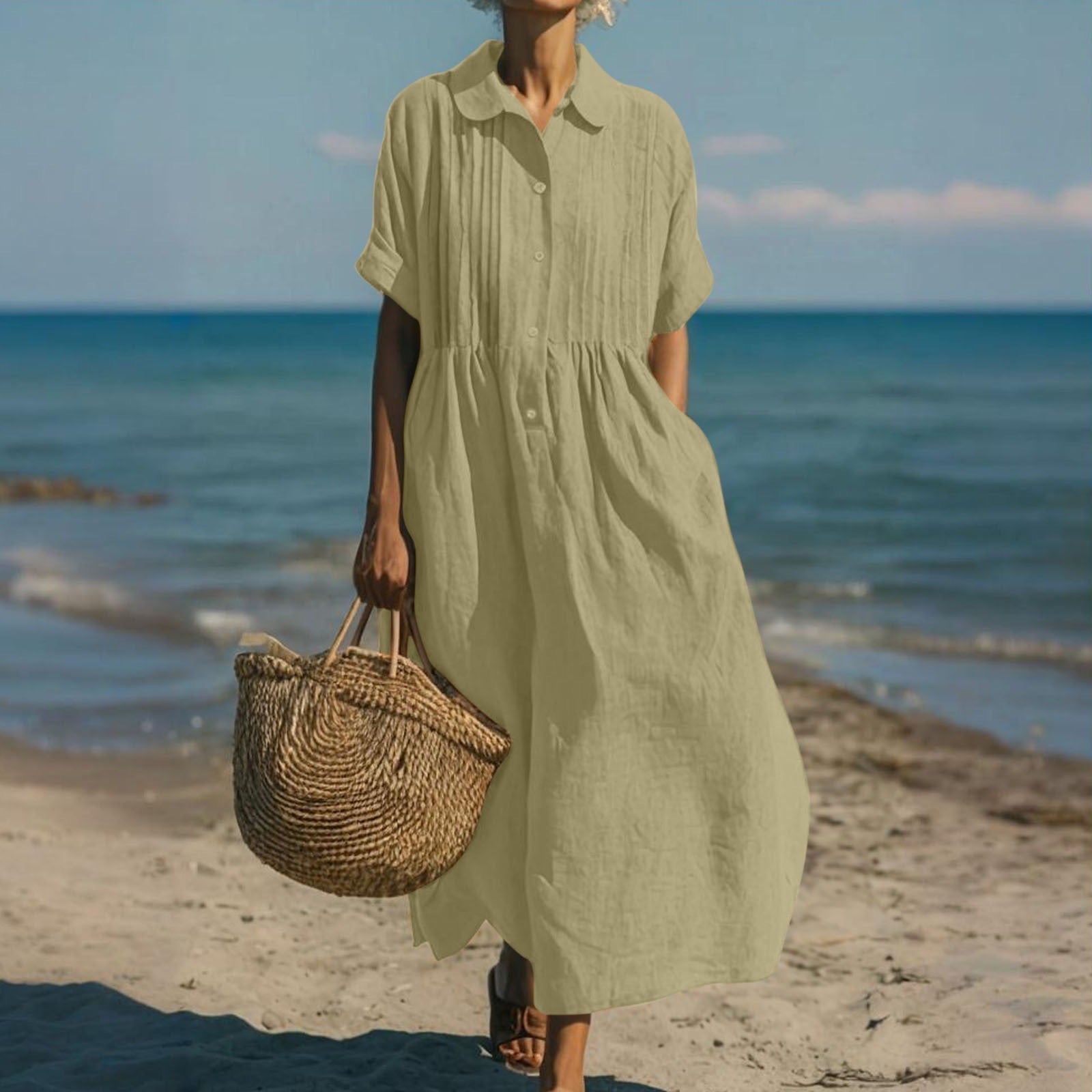 Damen Leinen Midi Kleid Elegant - Image 10