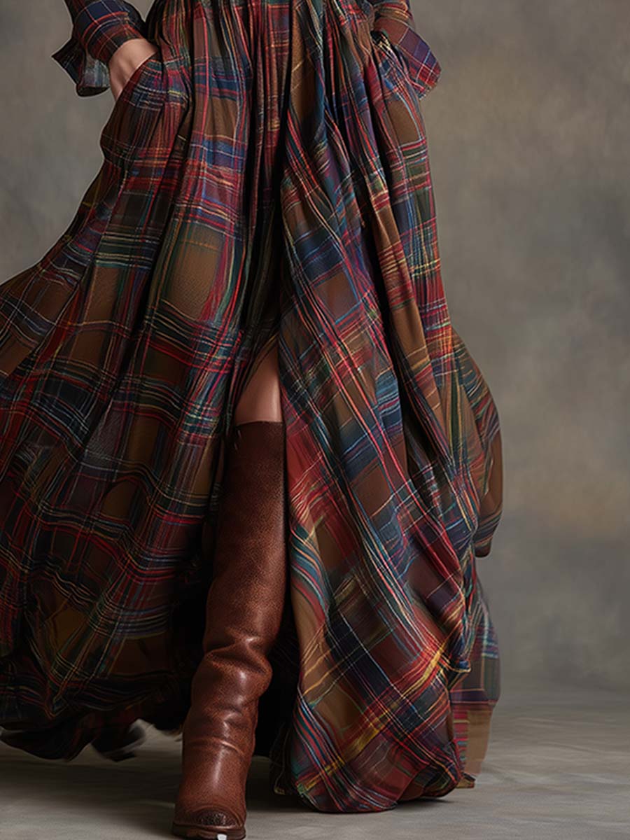 Damen Kariert Maxi Kleid Retro Ethno Stil - Image 8