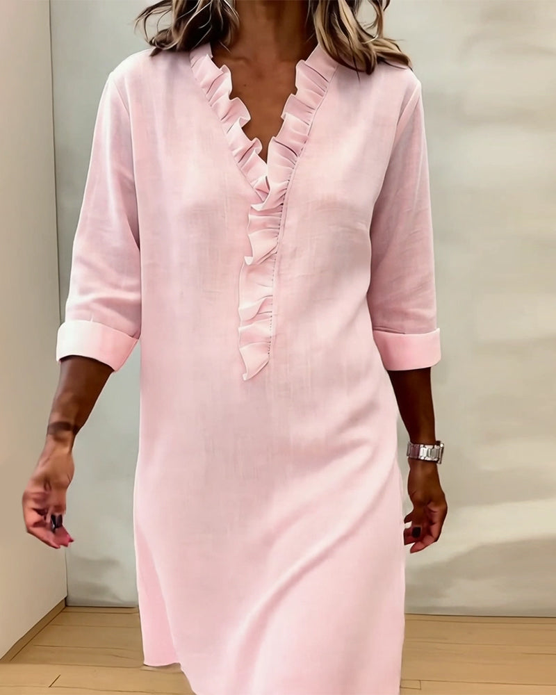 Damen Baumwoll-Leinen Kleid V-Ausschnitt Volants - Image 9