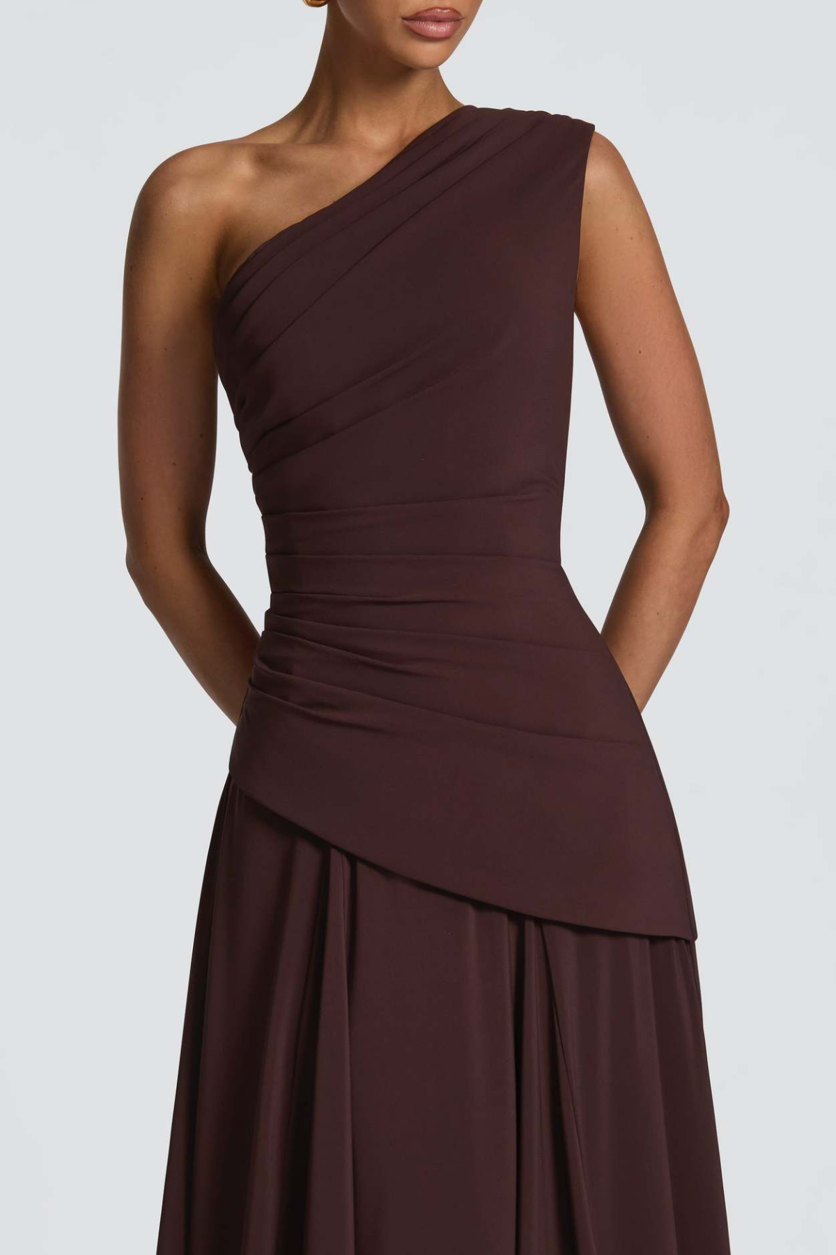 Damen Maxikleid One-Shoulder Drapiert Lang - Image 4