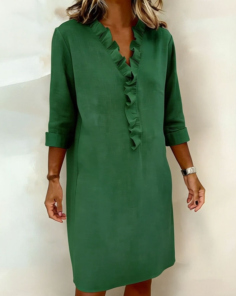 Damen Baumwoll-Leinen Kleid V-Ausschnitt Volants - Image 16