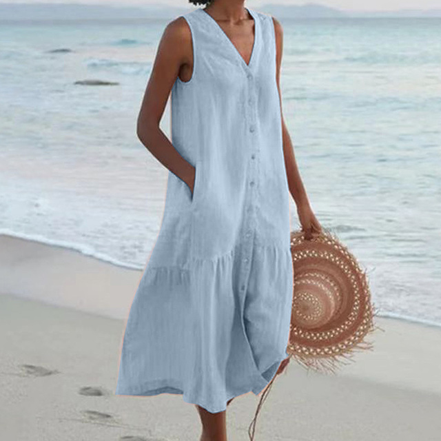 Damen Sommerkleid V-Ausschnitt Midi ärmellos Knopfleiste - Image 2
