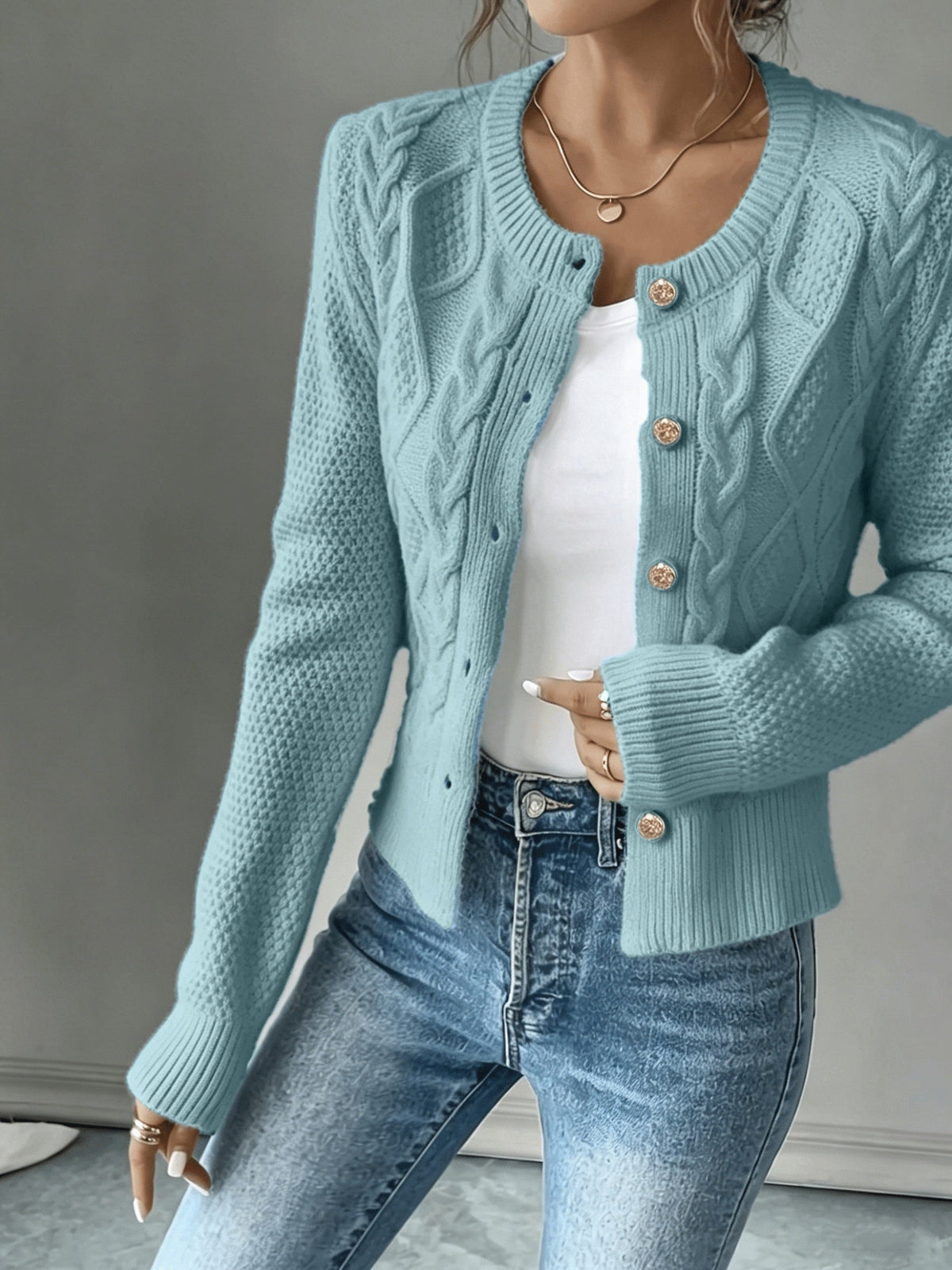 Damen Kabelstrick Strickjacke Knöpfe - Image 16