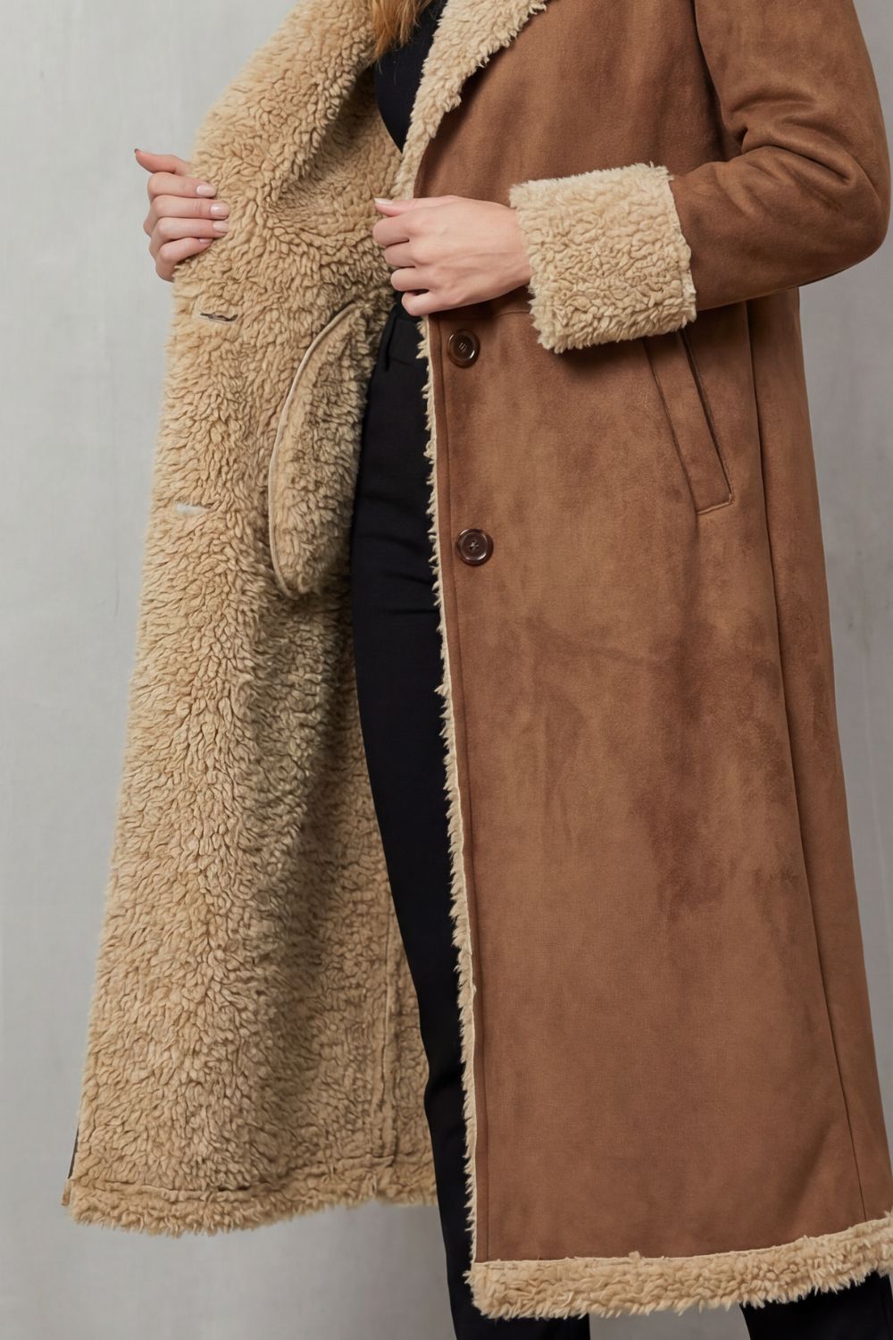 Damen Langer Wintermantel Shearling Wildlederoptik - Image 5