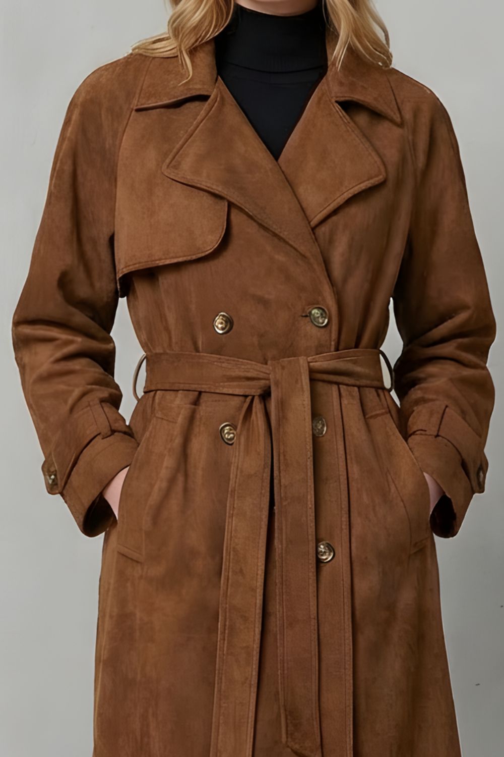 Damen Wildlederoptik Trenchcoat Tailliert Braun - Image 5