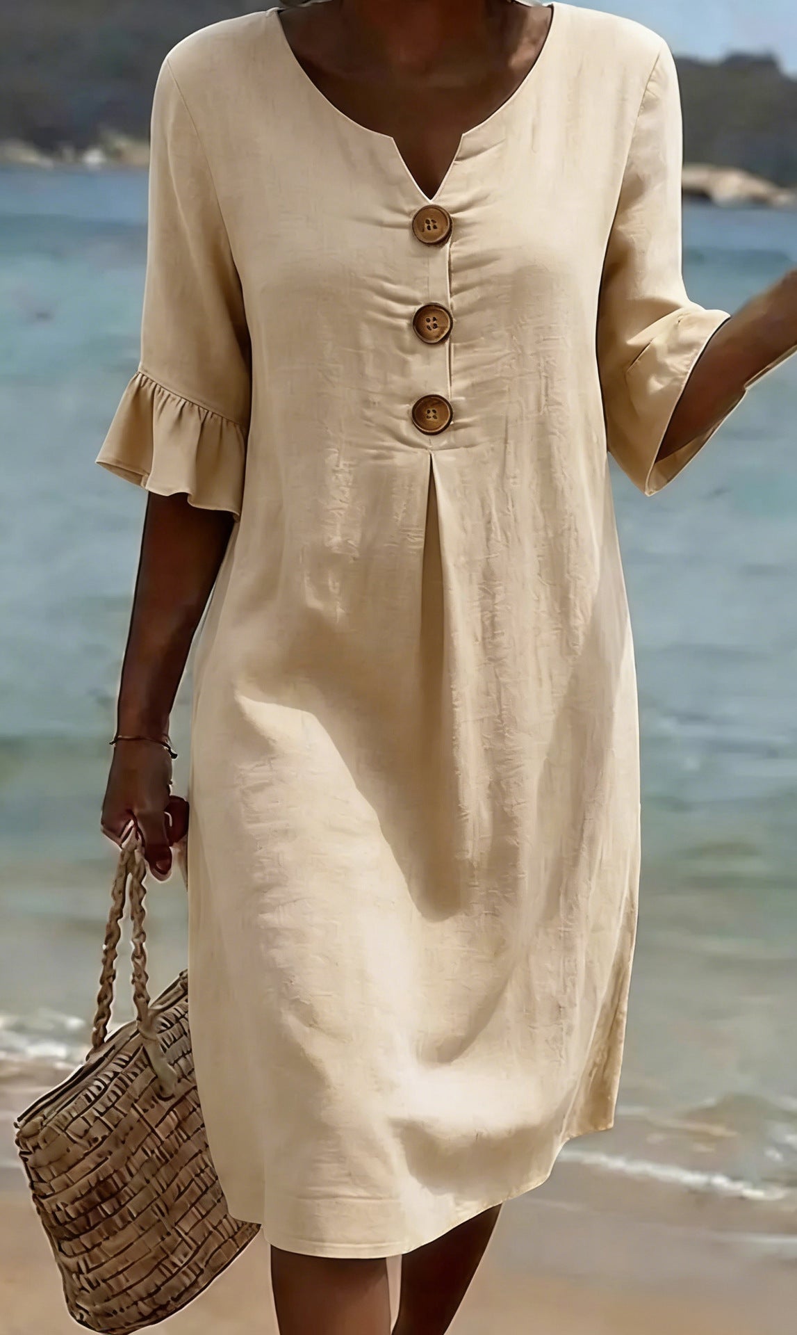 Damen Baumwoll Leinen Kleid Rüschenärmel Knöpfe Midi - Image 10
