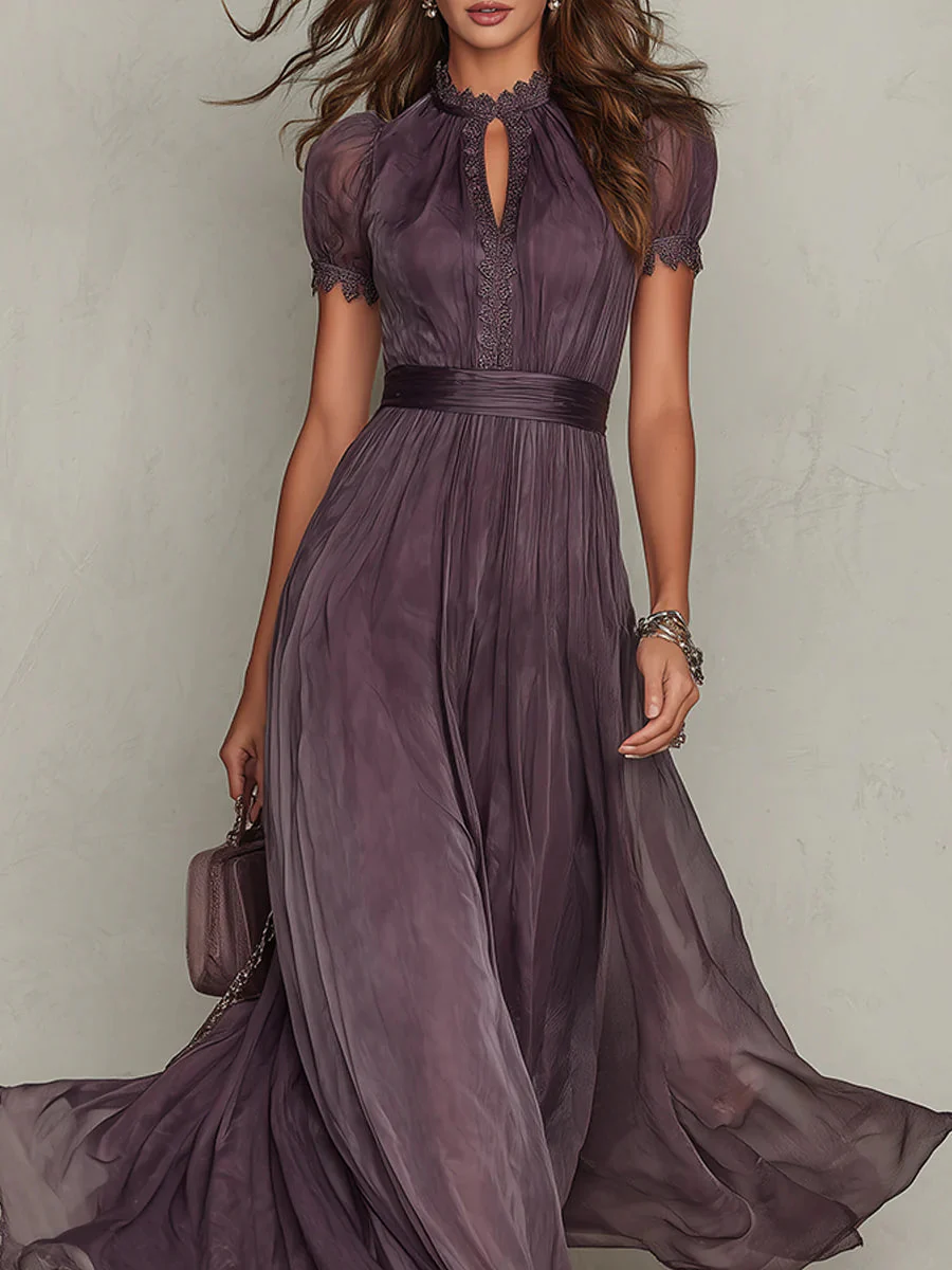Damen Maxikleid Puffärmel Stehkragen Plissiert - Image 2