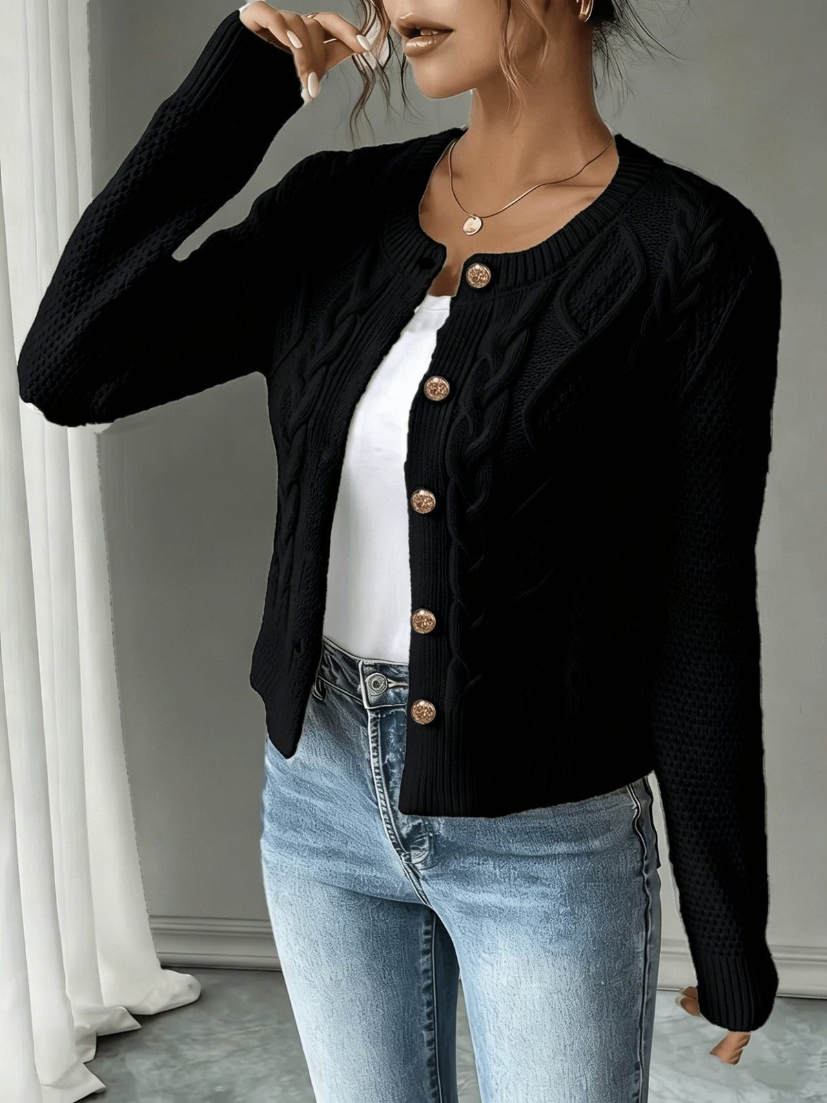 Damen Kabelstrick Strickjacke Knöpfe - Image 3