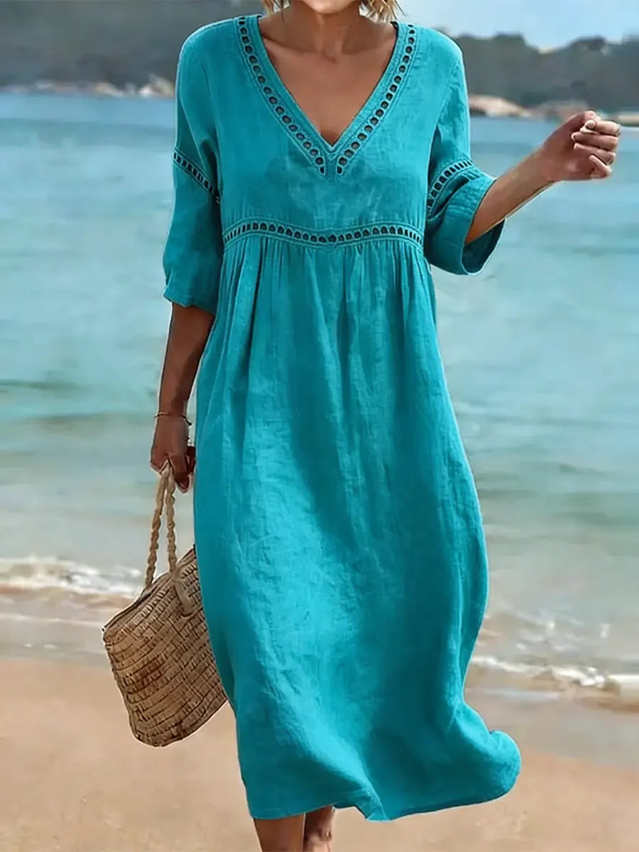 Damen Baumwollkleid V-Ausschnitt Fließend Midi - Image 4