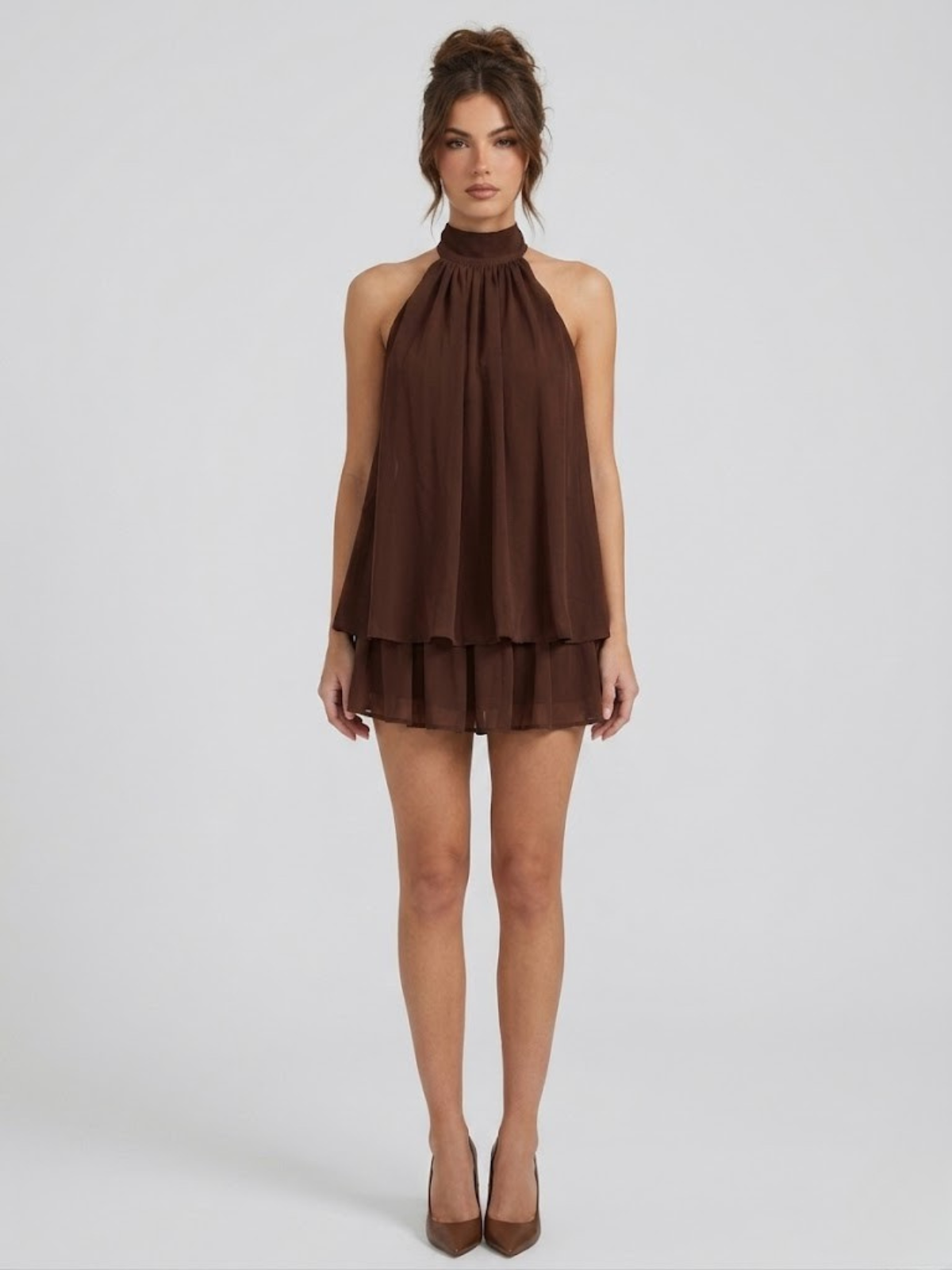 Damen Minikleid Neckholder Rückenfrei Stufenrüschen - Image 13