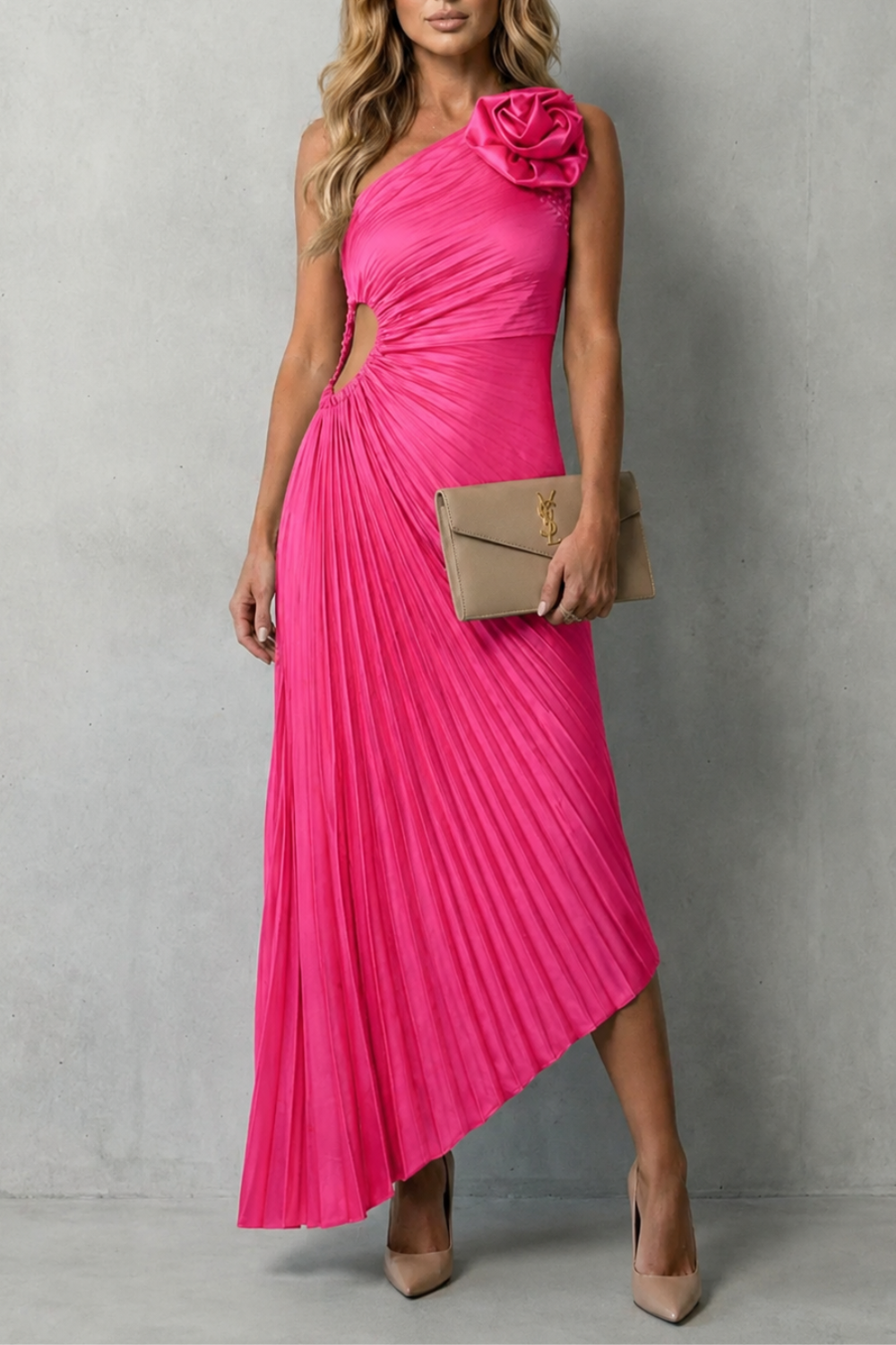 Damen One Shoulder Plissee Maxikleid Blumendetail - Image 7