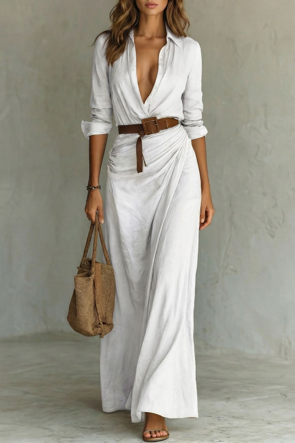 Damen Maxikleid mit Knopfleiste Wickelkleid lang Gürtel - Image 7