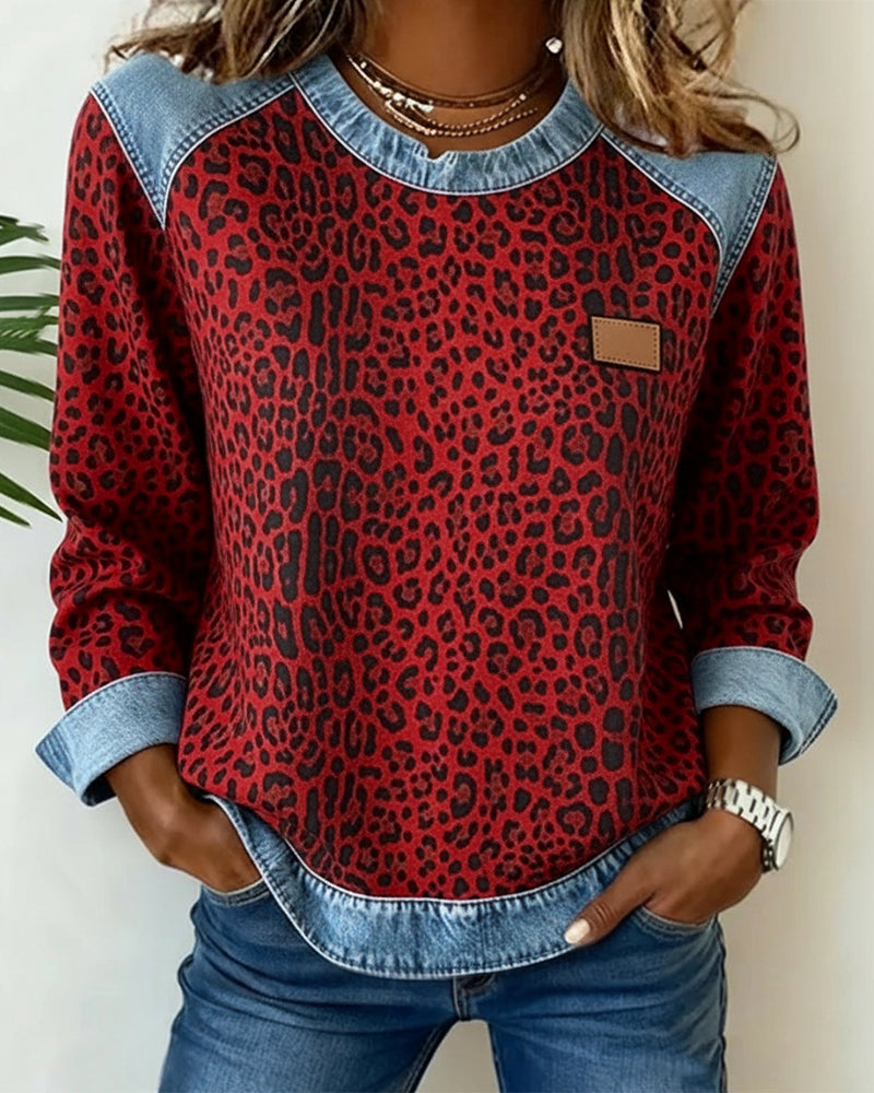 Damen Denim Leopard Print Sweater - Image 7