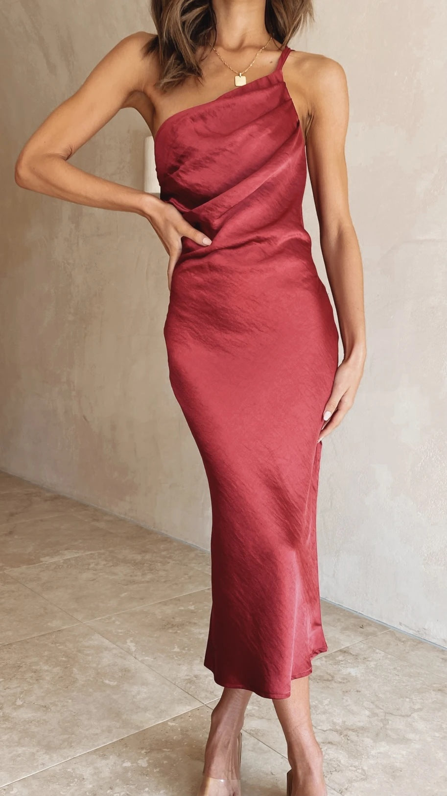 Damen Satin One-Shoulder Midikleid Drapiert - Image 5