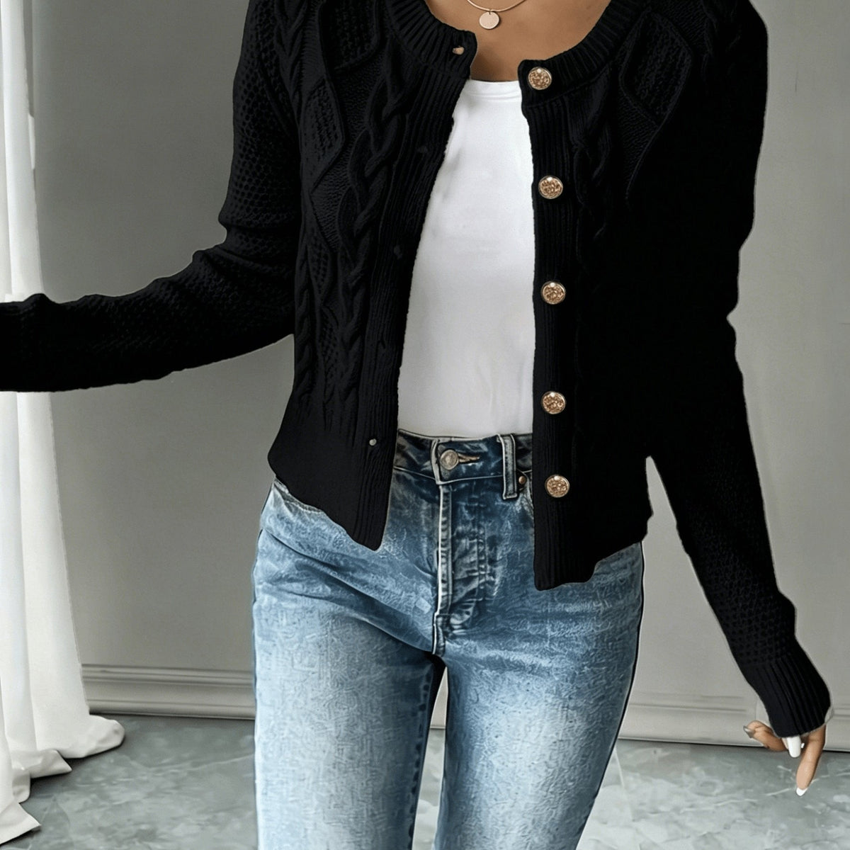 Damen Kabelstrick Strickjacke Knöpfe